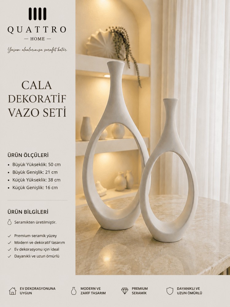 Cala 2’li Beyaz Seramik Dekoratif Vazo Seti – Oval Boşluklu Modern Tasarım