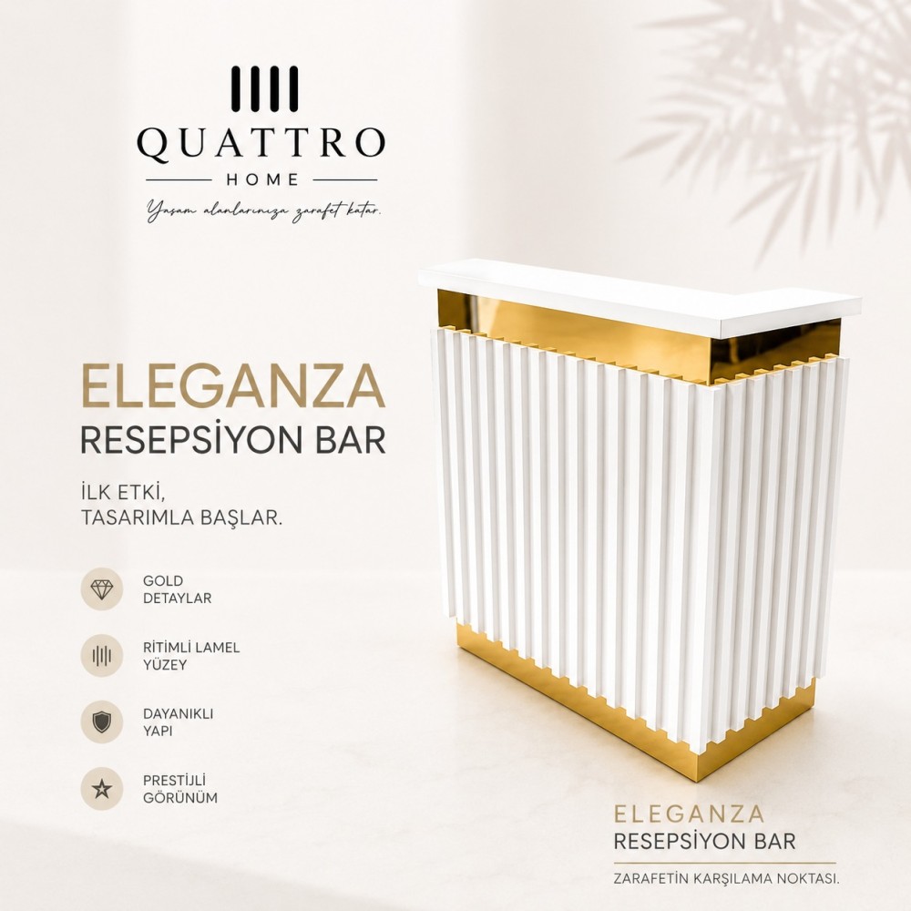 Eleganza Beyaz Gold Resepsiyon Bar - Lamel Yüzeyli Modern Karşılama Bankosu