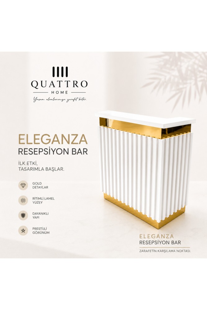 Eleganza Beyaz Gold Resepsiyon Bar - Lamel Yüzeyli Modern Karşılama Bankosu görsel 2
