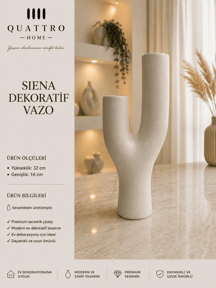 Siena Beyaz U Form Seramik Dekoratif Vazo  – Modern Çift Ağızlı Salon Aksesuarı
