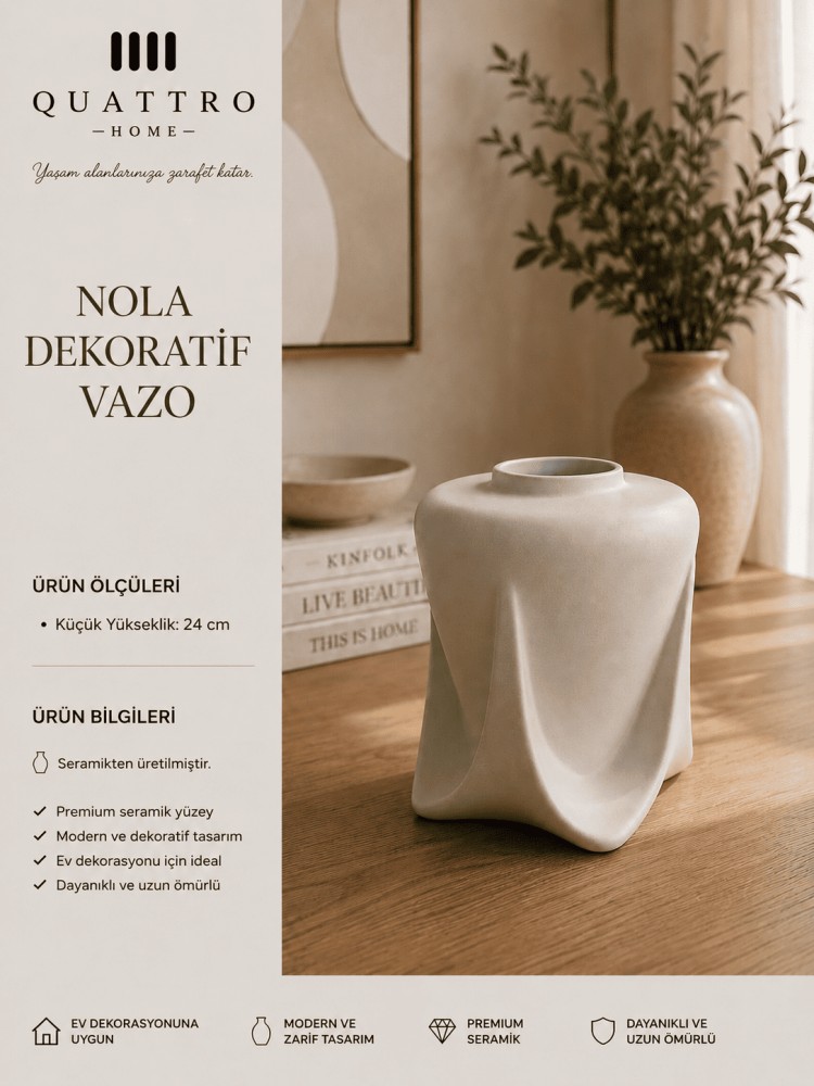 Nola Beyaz Organik Form Seramik Dekoratif Vazo – Modern Salon ve Konsol Aksesuarı