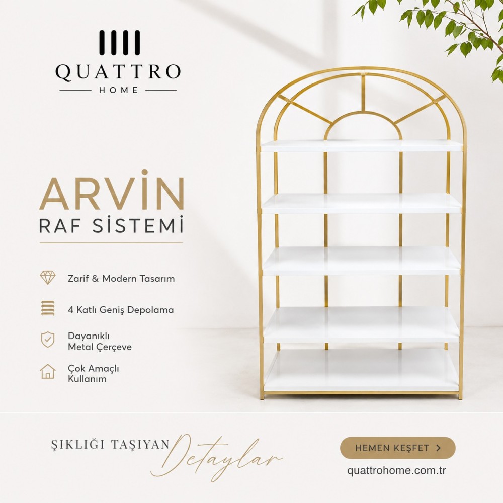Arvin Raf Sistemi Beyaz Gold 4 Katlı Modern Metal Raf