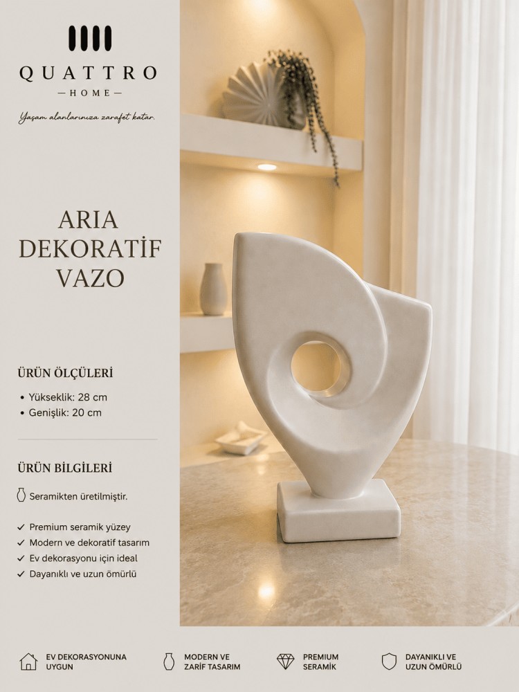 Aria Beyaz Soyut Form Seramik Dekoratif Vazo – Kaideli Modern Salon Objesi