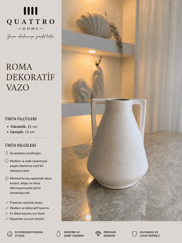 Roma Beyaz Kulplu Seramik Dekoratif Vazo  – Modern Amfora Form Salon Aksesuarı