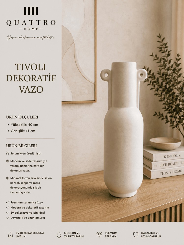 Tivoli Beyaz Kulak Detaylı Seramik Dekoratif Vazo  – Büyük Boy Modern Salon Aksesuarı