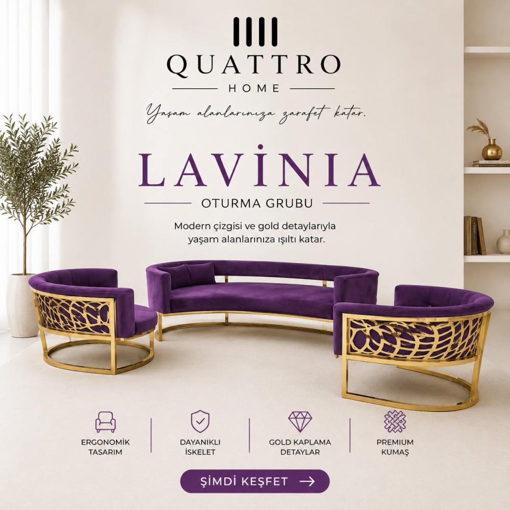 Lavinia Mor Gold Detaylı Oturma Grubu - Premium Kumaş Modern Salon Takımı