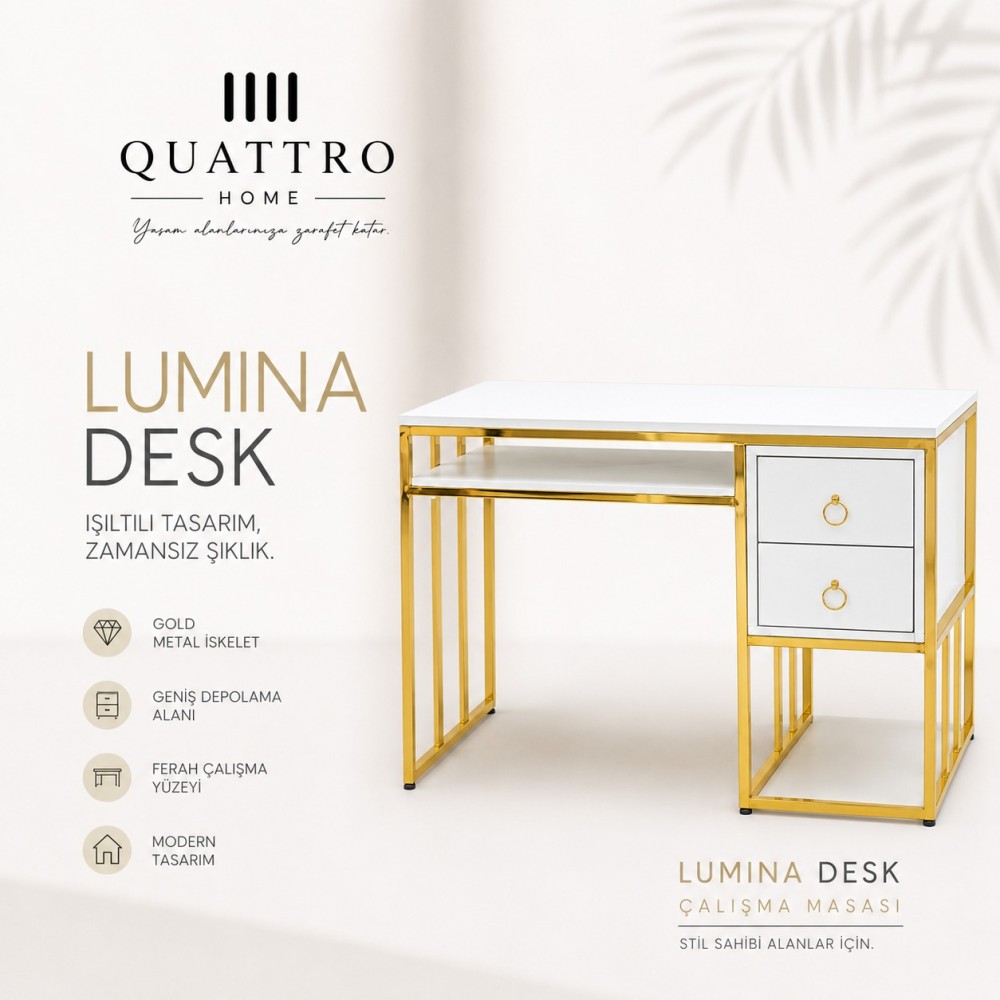 Lumina Desk Beyaz Gold Çalışma Masası - Çekmeceli Modern Ofis Masası