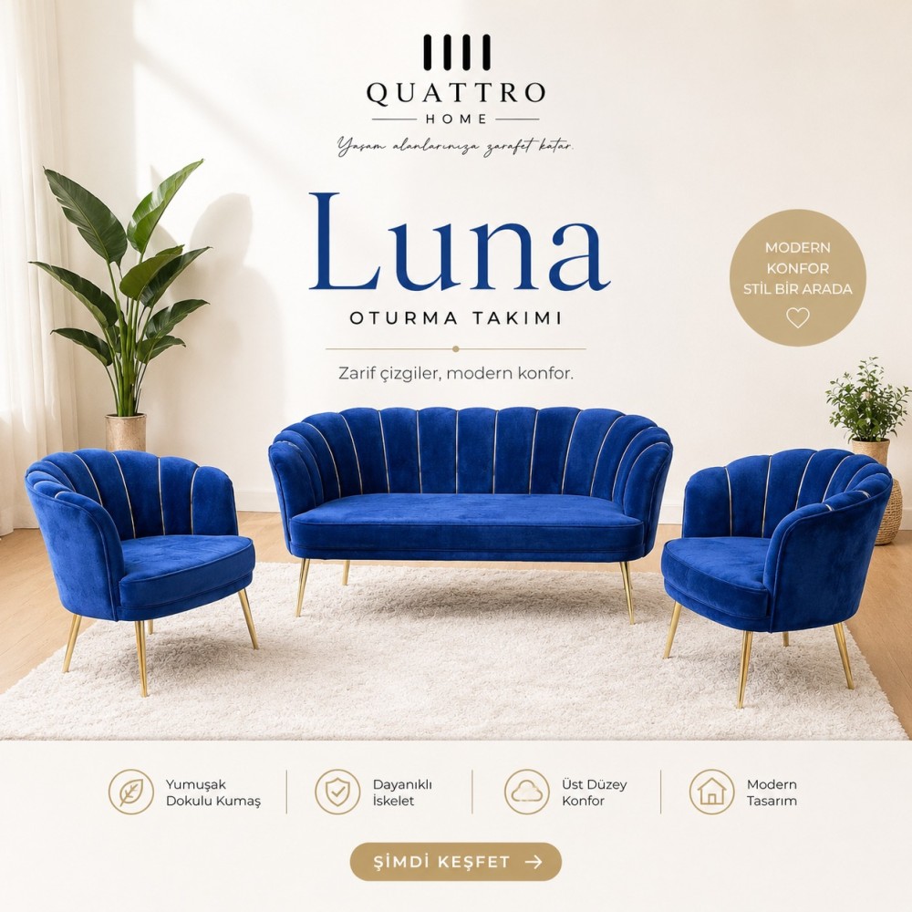 Luna Oturma Takımı Saks Mavisi Gold Modern Tasarım 2+1+1