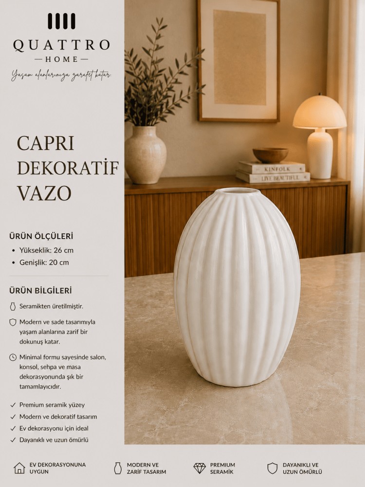 Capri Beyaz Oluklu Seramik Dekoratif Vazo  – Modern Oval Salon ve Konsol Aksesuarı