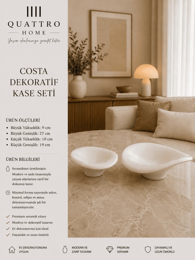 Costa 2’li Beyaz Ayaklı Seramik Dekoratif Kase Seti – Organik Modern Tasarım