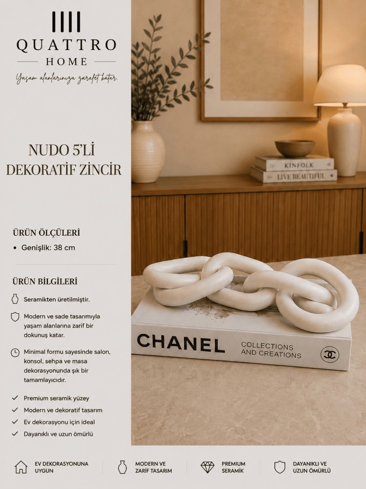 Nudo 5’li Beyaz Seramik Dekoratif Zincir  – Modern Sehpa ve Kitap Üstü Obje