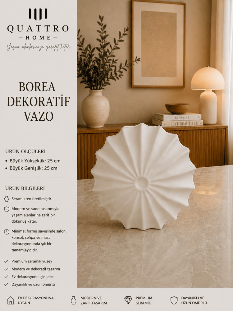 Borea Beyaz Yelpaze Formlu Seramik Dekoratif Vazo  – Modern Konsol ve Masa Objesi