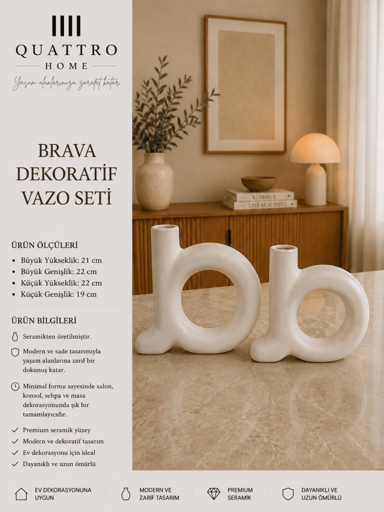 Brava 2’li Beyaz Seramik Dekoratif Vazo Seti – Yuvarlak Boşluklu Modern Tasarım