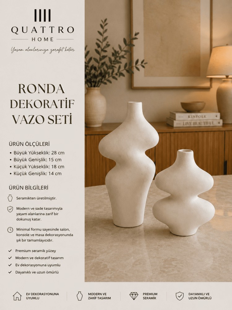 Ronda 2’li Beyaz Organik Form Seramik Dekoratif Vazo Seti