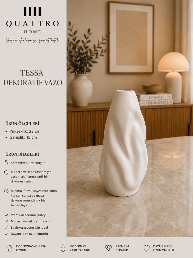 Tessa Beyaz Dalgalı Form Seramik Dekoratif Vazo– Modern Salon Aksesuarı
