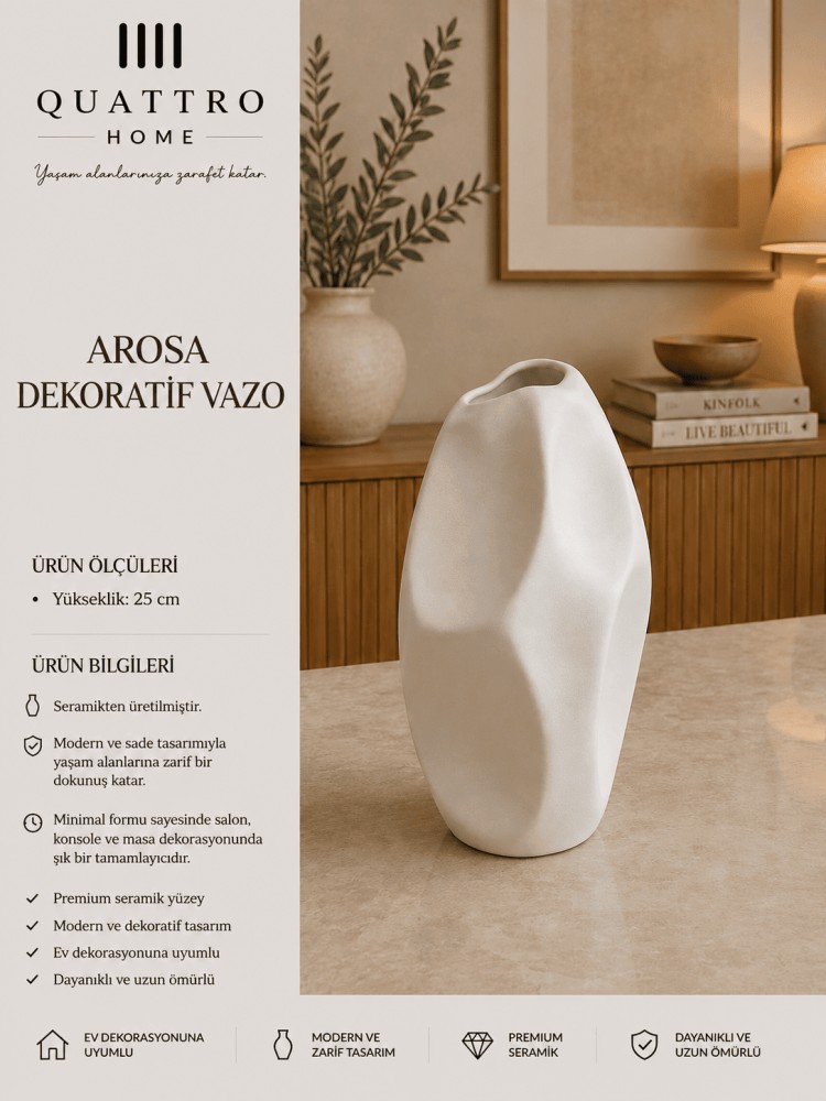 Arosa Beyaz Asimetrik Seramik Dekoratif Vazo  – Modern Organik Form