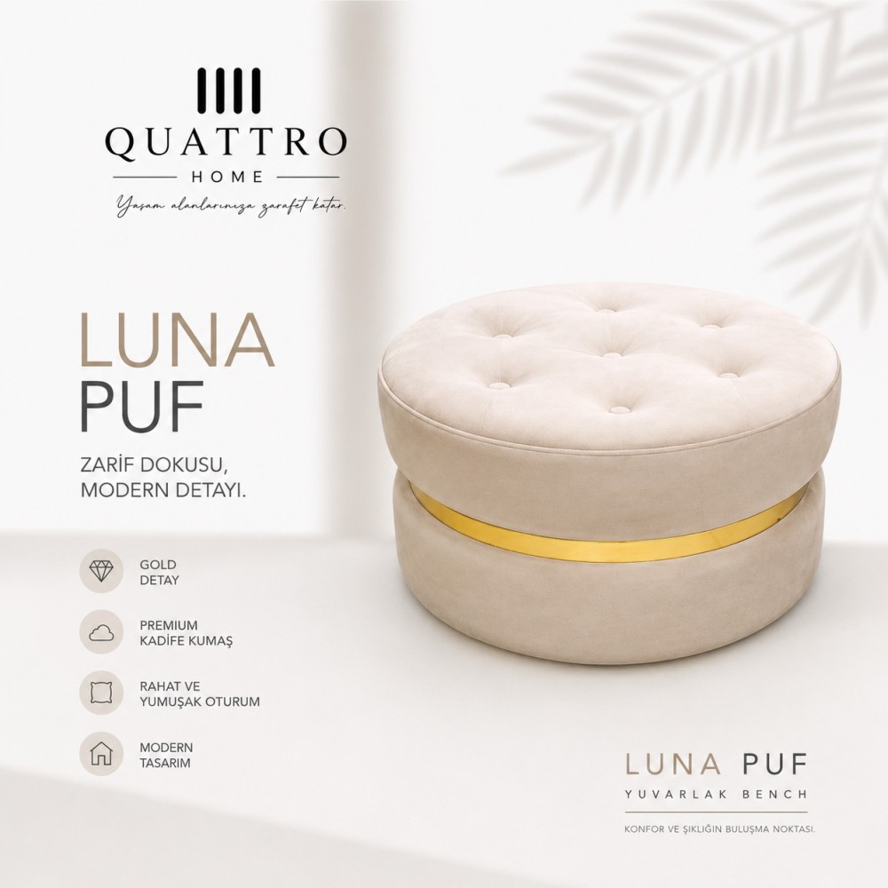 Luna Puf Krem Yuvarlak Kadife Bench - Gold Detaylı Modern Puf