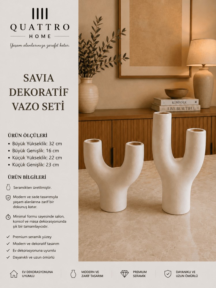 Savia 2’li Beyaz U Form Seramik Dekoratif Vazo Seti