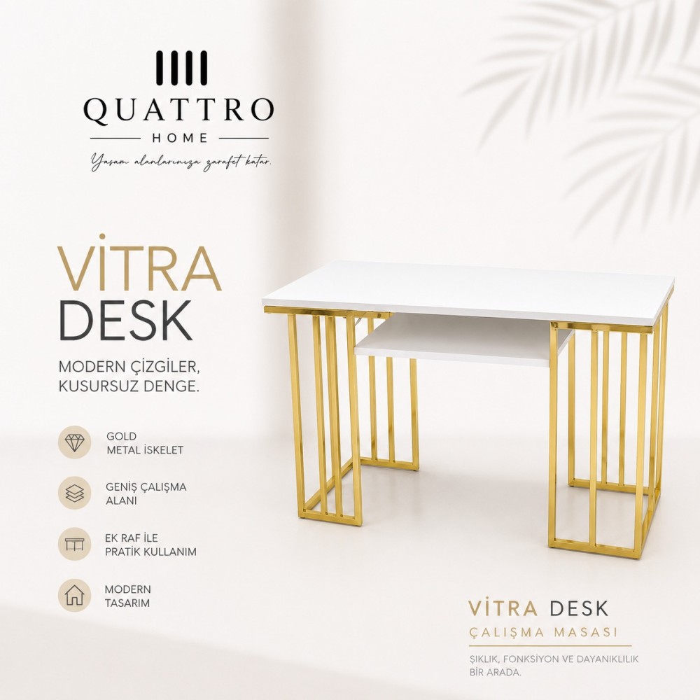 Vitra Desk Beyaz Gold Çalışma Masası - Ek Raflı Modern Ofis Masası