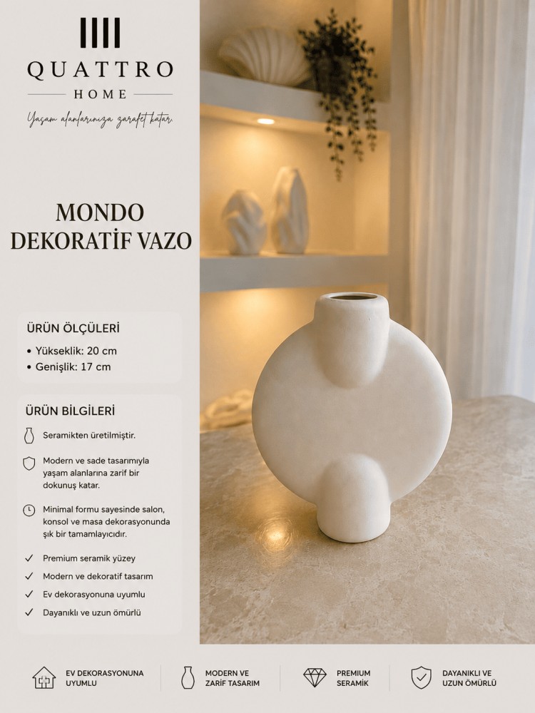 Mondo Beyaz Yuvarlak Form Seramik Dekoratif Vazo – Modern Salon ve Konsol Aksesuarı