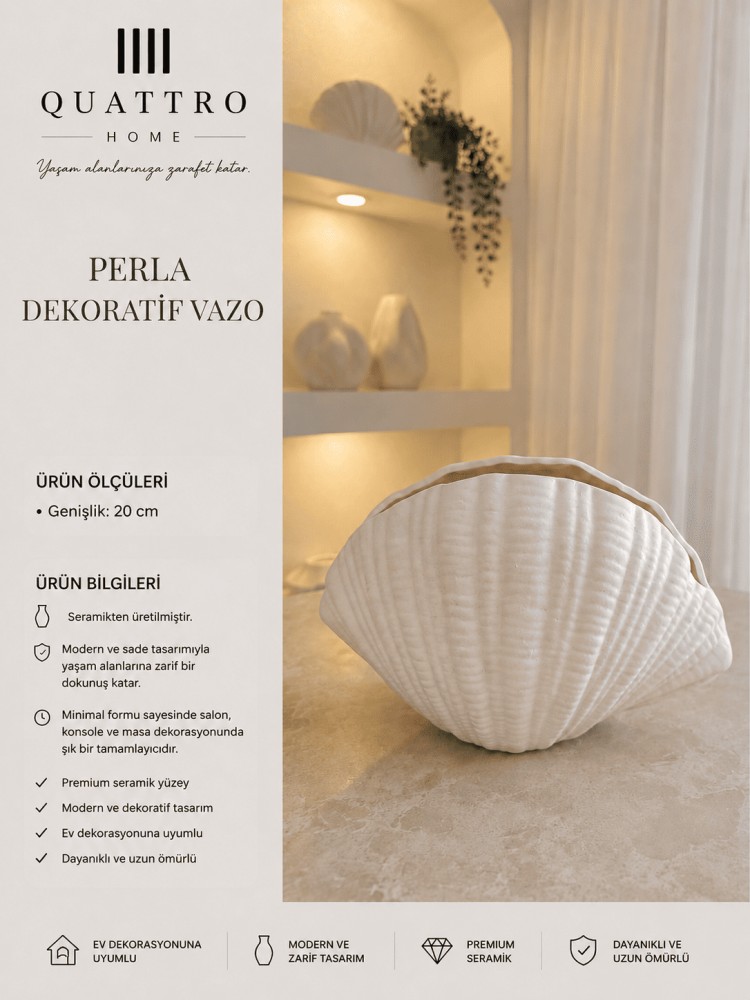 Perla Beyaz Deniz Kabuğu Formlu Seramik Dekoratif Vazo – Modern Masa Objesi