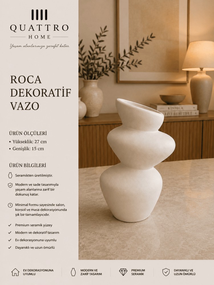 Roca Beyaz Dalgalı Gövde Seramik Dekoratif Vazo – Asimetrik Modern Tasarım