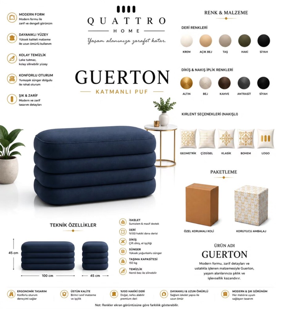 Guerton Katmanlı Puf – Hakiki Deri Geniş Modern Tasarım