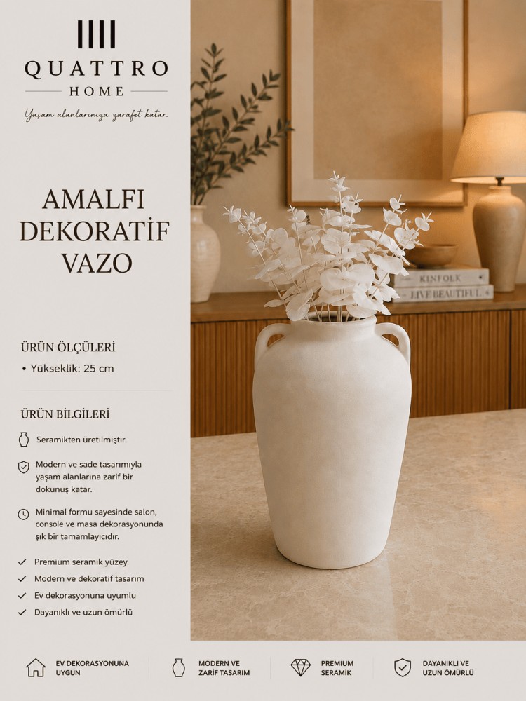 Amalfi Beyaz Kulplu Seramik Dekoratif Vazo  – Modern Amfora Form Çiçeklik