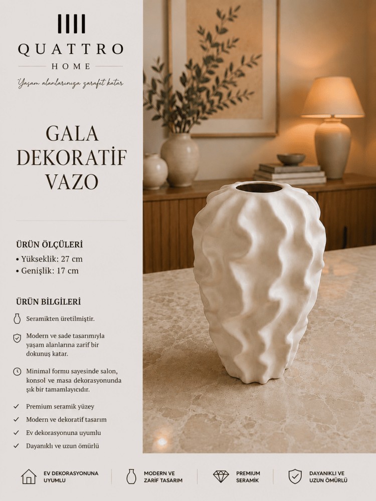Gala Beyaz Dalgalı Dokulu Seramik Dekoratif Vazo – Modern Organik Salon Objesi