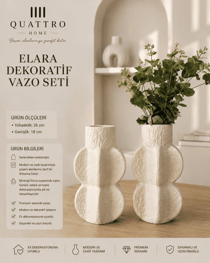 Elara 2’li Beyaz Dokulu Seramik Dekoratif Vazo Seti  – Modern Salon Aksesuarı