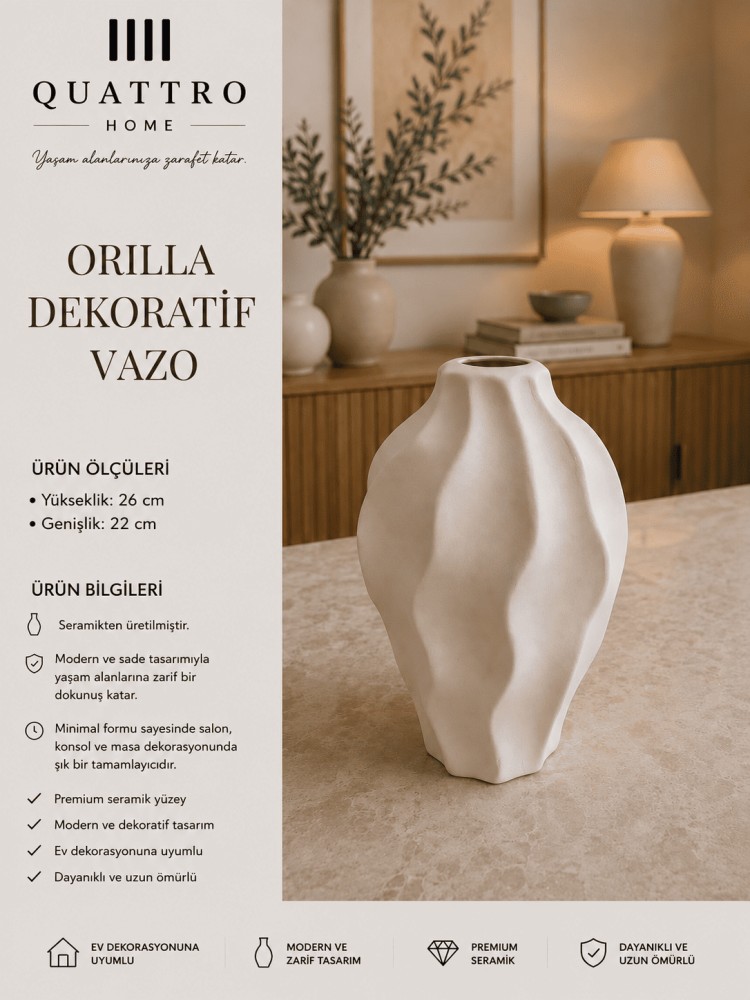 Orilla Beyaz Dalgalı Form Seramik Dekoratif Vazo  – Modern Organik Salon Objesi