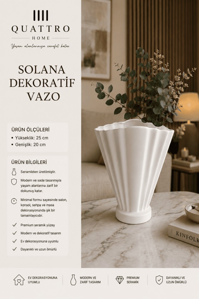 Solana Beyaz Yelpaze Formlu Seramik Dekoratif Vazo – Modern Çiçeklik