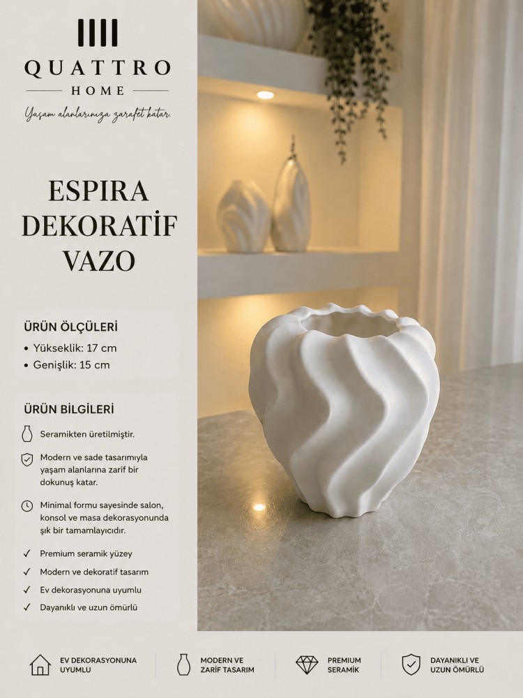 Espira Beyaz Burgulu Form Seramik Dekoratif Vazo – Modern Masa ve Konsol Aksesuarı
