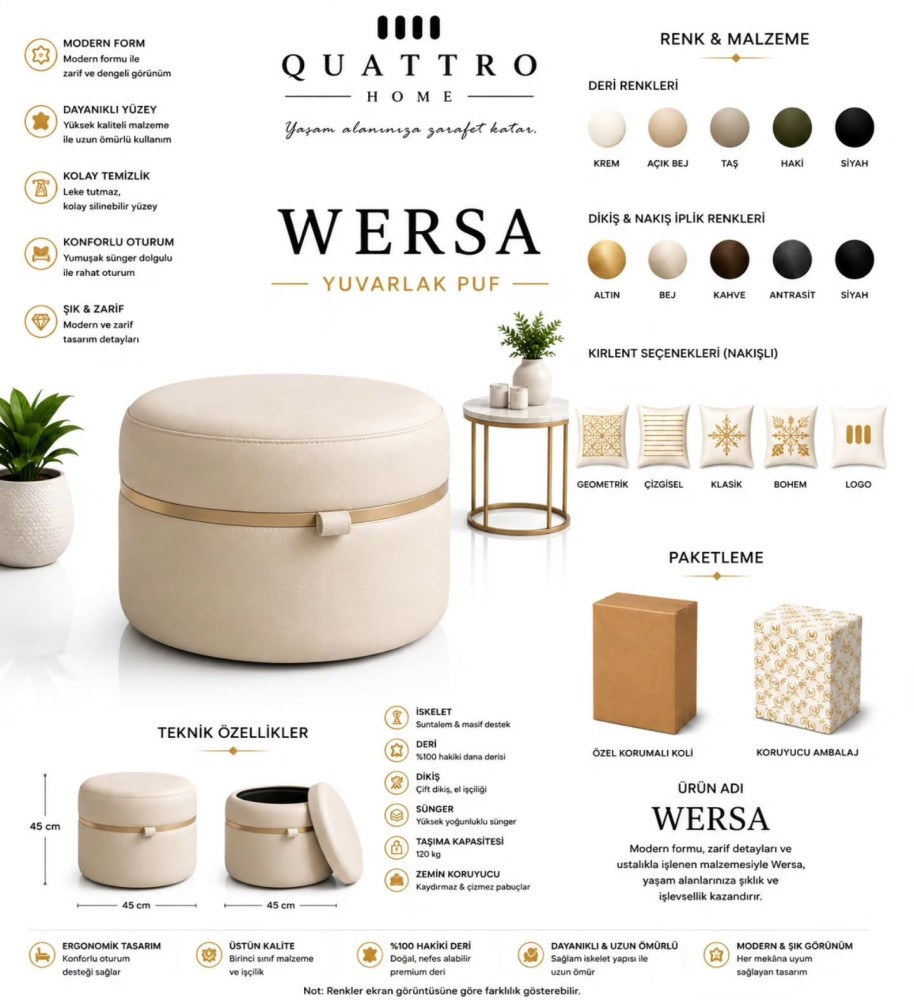 Wersa Yuvarlak Depolamalı Puf – Hakiki Deri, 45 cm Modern Tasarım