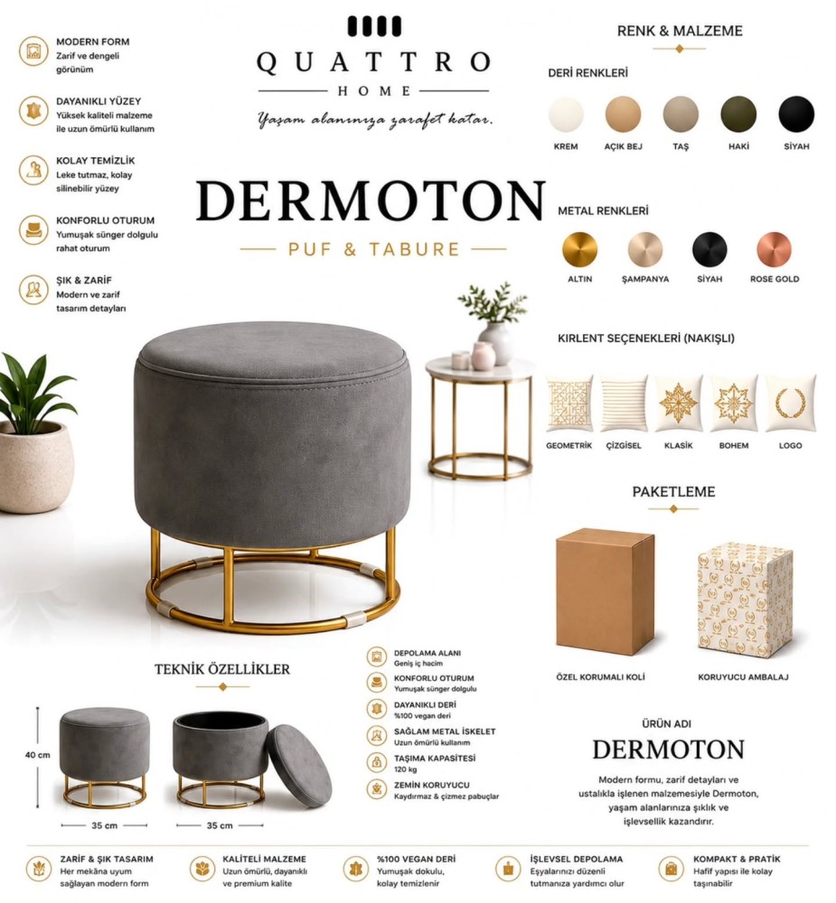 Dermoton Depolamalı Puf Tabure – Vegan Deri, Metal İskeletli