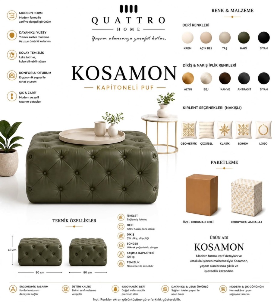 Kosamon Kapitoneli Puf – Hakiki Deri, Kare Modern Tasarım