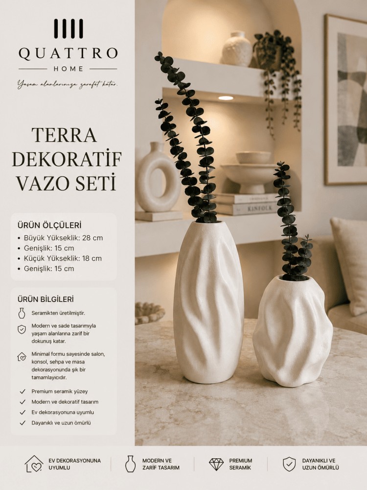 Terra 2’li Beyaz Dokulu Seramik Dekoratif Vazo Seti – Organik Modern Tasarım