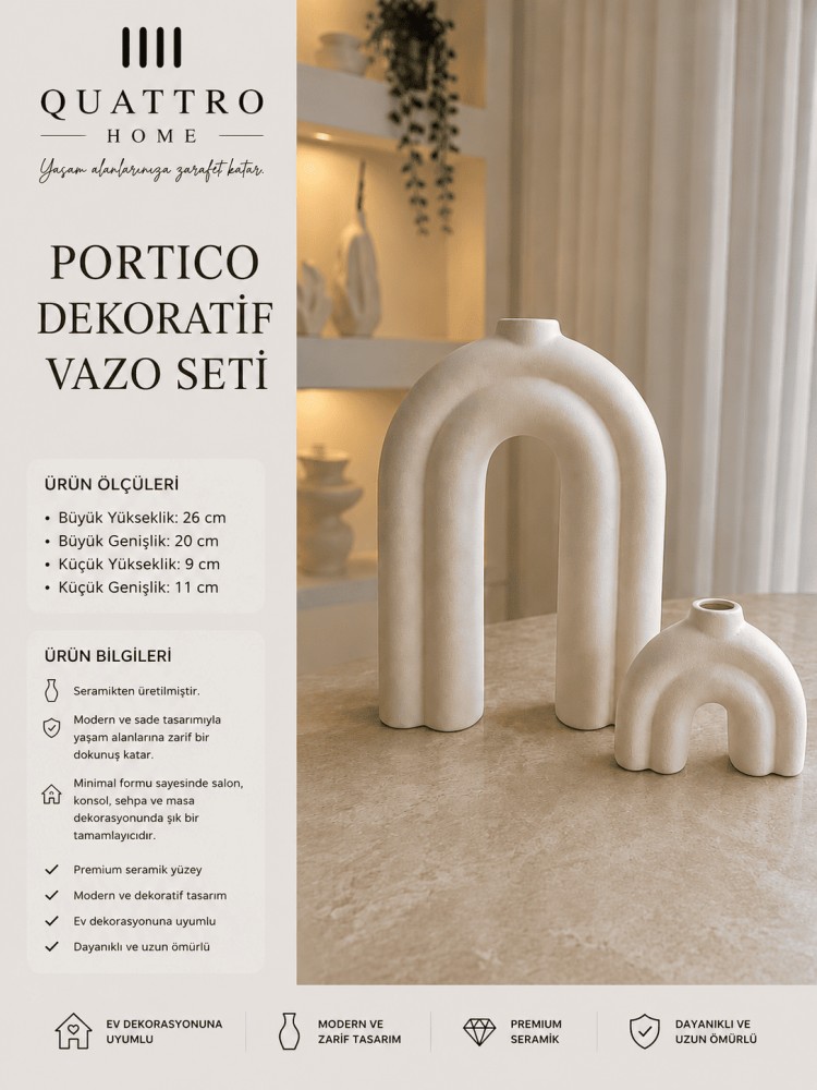 Portico 2’li Beyaz Kemer Formlu Seramik Dekoratif Vazo Seti