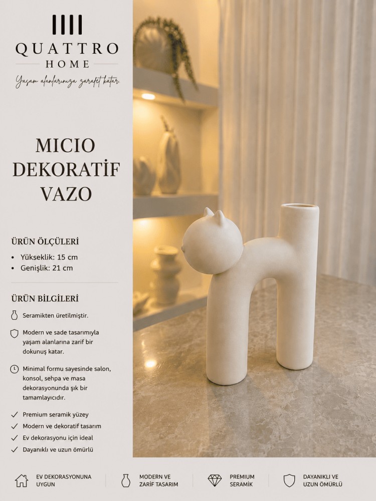 Micio Beyaz Kedi Formlu Seramik Dekoratif Vazo – Modern Salon ve Masa Objesi