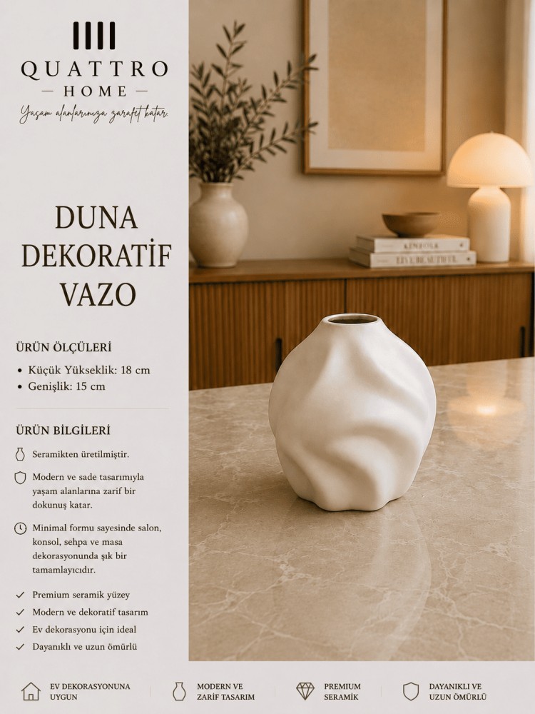 Duna Beyaz Dalgalı Seramik Dekoratif Vazo – Modern Konsol ve Sehpa Aksesuarı