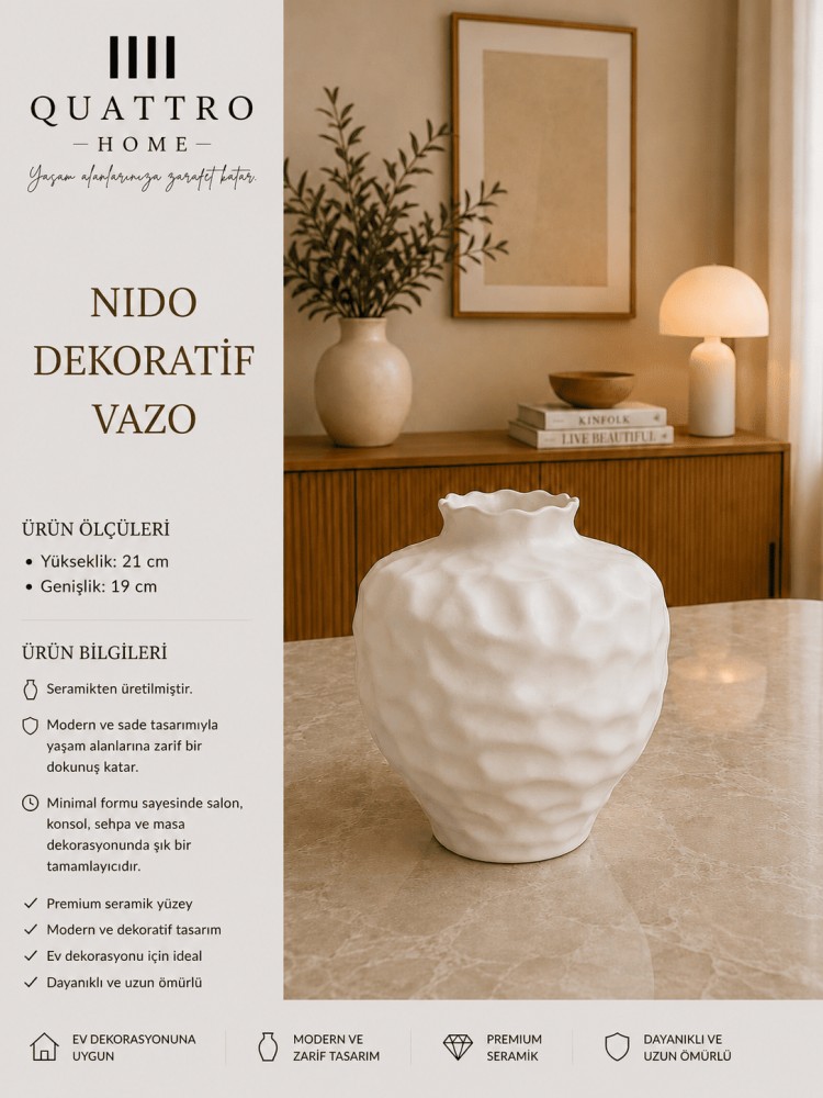 Nido Beyaz Dokulu Seramik Dekoratif Vazo – Dalgalı Ağızlı Modern Salon Objesi