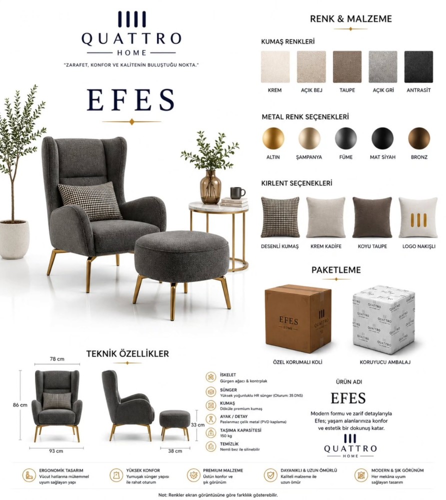 Efes Berjer ve Puf – Premium Kumaşlı, Gold Metal Ayaklı Modern Takım