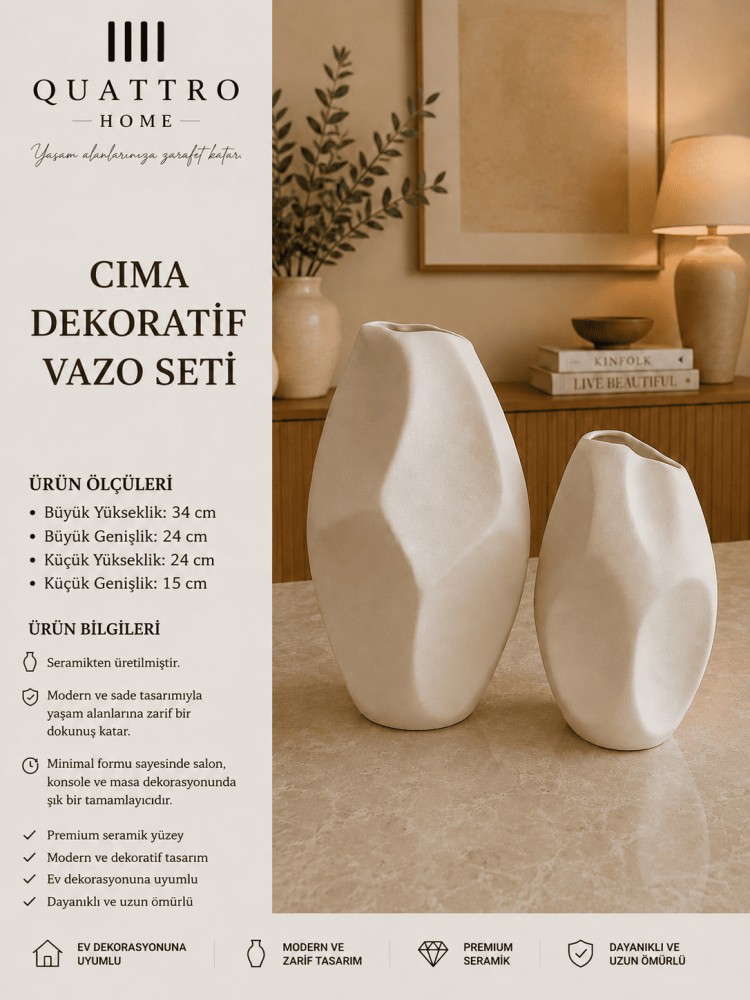 Cima 2’li Beyaz Asimetrik Seramik Dekoratif Vazo Seti