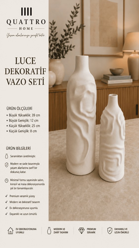 Luce 2’li Beyaz Kabartmalı Seramik Dekoratif Vazo Seti