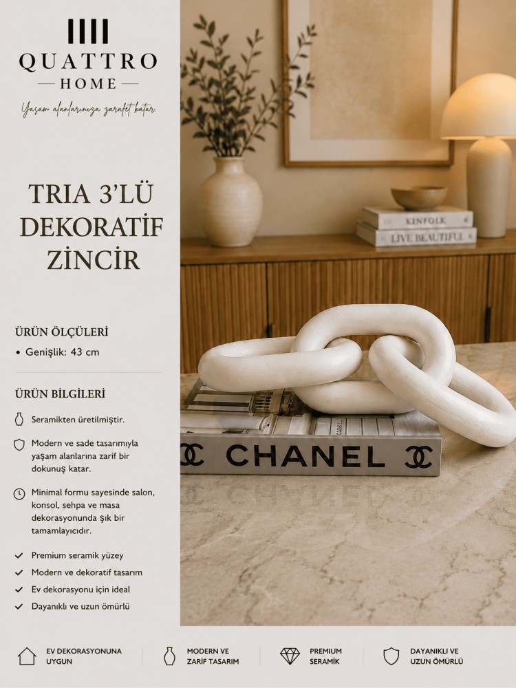Tria 3’lü Beyaz Seramik Dekoratif Zincir  – Modern Sehpa ve Kitap Üstü Obje