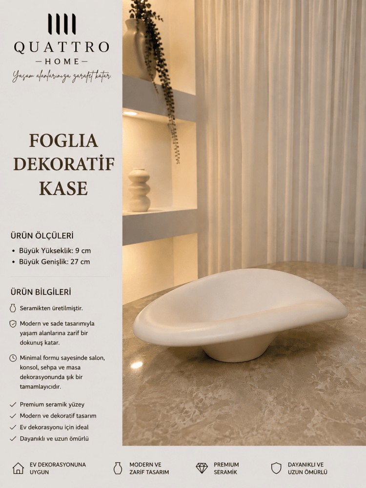 Foglia Beyaz Yaprak Formlu Ayaklı Seramik Dekoratif Kase – Modern Masa Aksesuarı