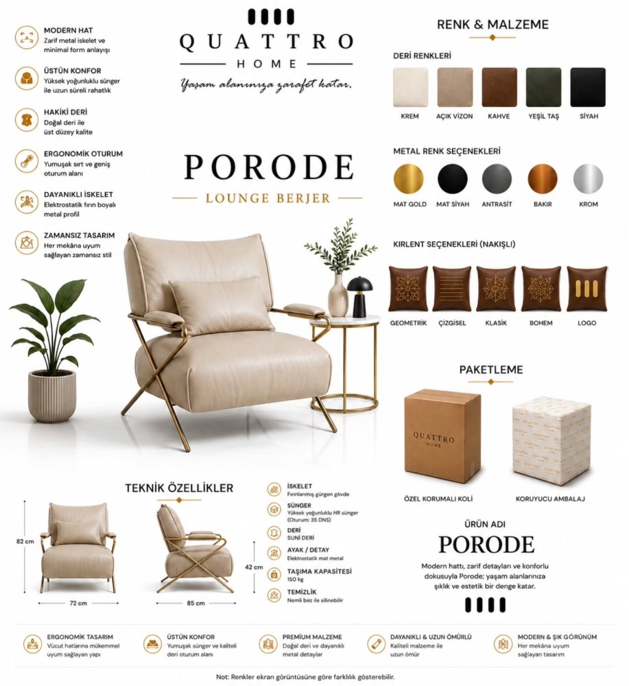 Porode Lounge Berjer – Modern Metal İskeletli, Deri Döşemeli Konforlu Koltuk