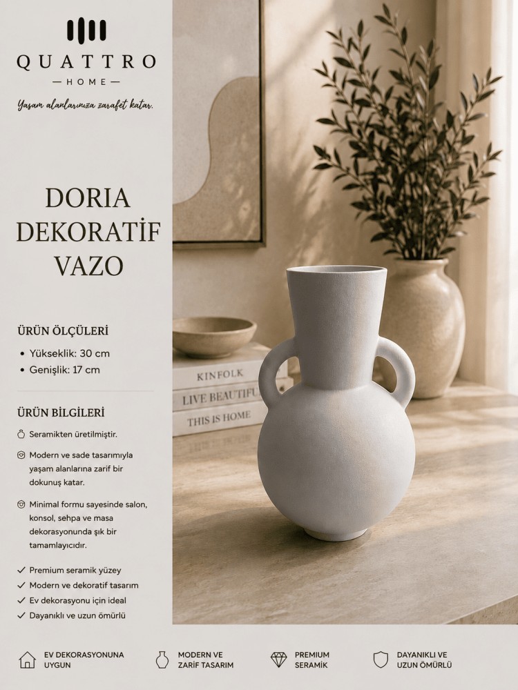Doria Beyaz Çift Kulplu Seramik Dekoratif Vazo – Modern Amfora Form Salon Aksesuarı