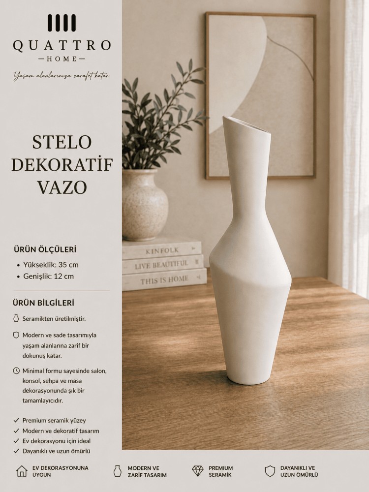 Stelo Beyaz Asimetrik Seramik Dekoratif Vazo – Uzun Modern Salon Objesi