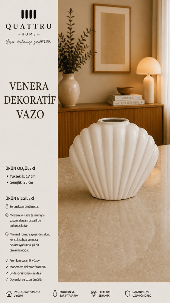 Venera Beyaz Deniz Kabuğu Formlu Seramik Dekoratif Vazo – Modern Konsol Objesi
